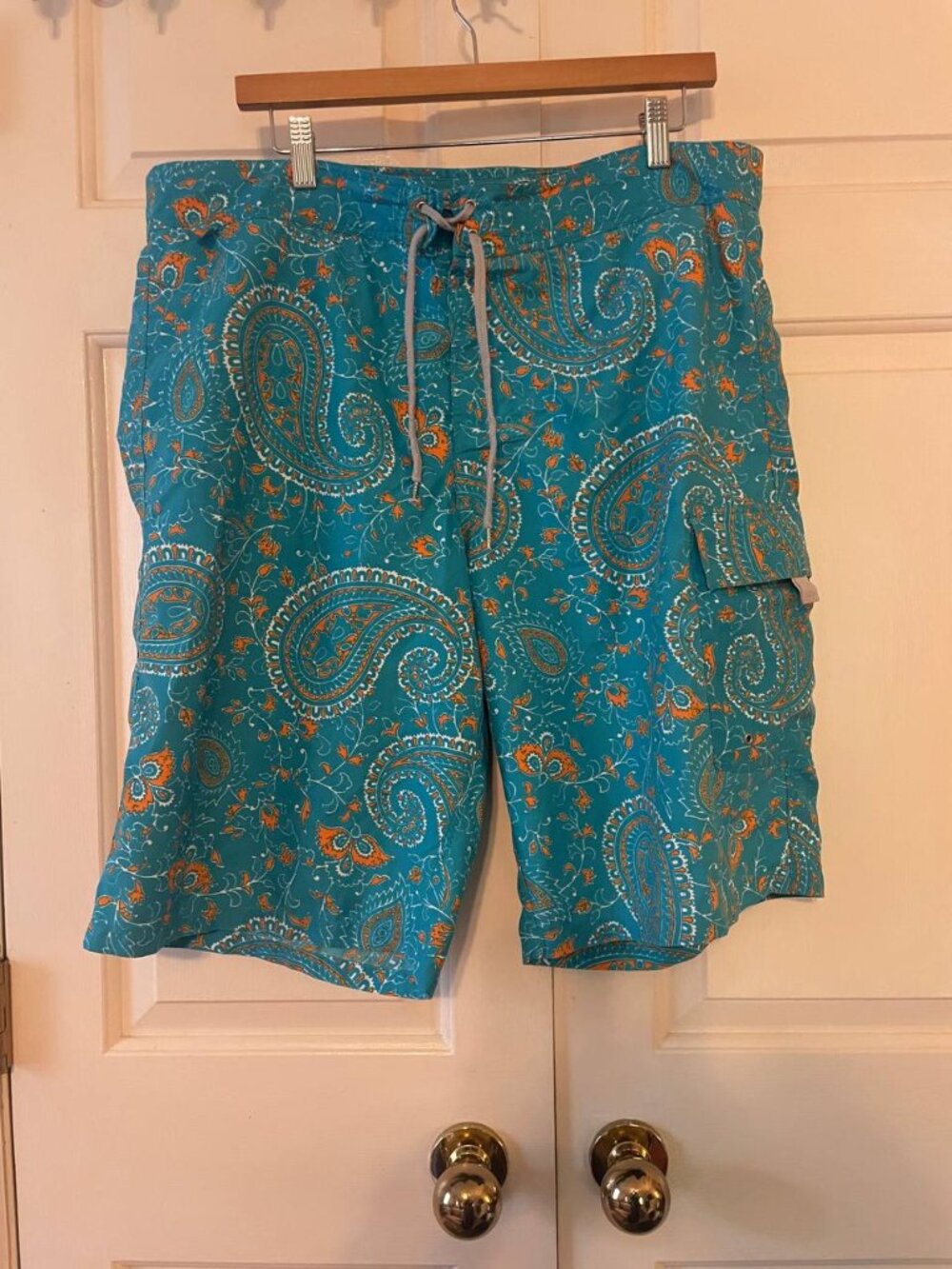 Men’s Zegna Sport XL Teal Orange Paisley Swim Trunks - Tropical Resort Wear